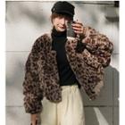 Leopard Print Furry Zip Coat As Shown In Figure - One Size