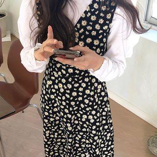 Plain Lantern-sleeve Blouse / Flower Print Midi Jumper Dress