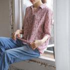Elbow-sleeve Half-placket Floral Shirt