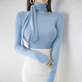 Long Sleeve Tie-neck Plain T-shirt