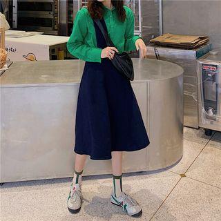 Pocket Detail Shirt / High-waist Midi A-line Skirt