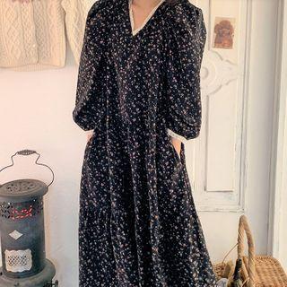 V-neck Lace Trim Floral Midi A-line Dress White Floral - Black - One Size