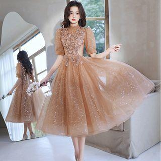 Puff-sleeve Sequin Midi Cocktail Dress