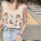 Floral Embroidered Knit Camisole Top Red Flower - Almond - One Size