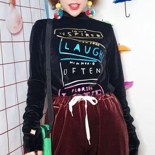 Mock-neck Velvet Printed Long-sleeve T-shirt