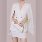 Set: V-neck Plain Cape Jacket + Mini Pencil Skirt