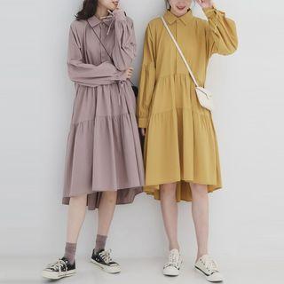 Plain Lantern-sleeve Collared Dress
