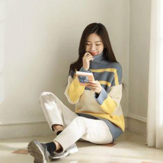 Turtle-neck Striped Boxy Sweater