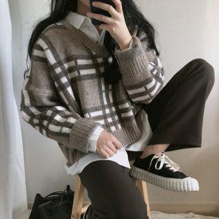 V-neck Plaid Sweater Light Coffee - One Size