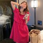 Puff-sleeve Plaid Ruffled A-line Dress Plaid - Red - One Size