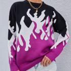 Long-sleeve Tie-dyed Fire Print Knit Sweater