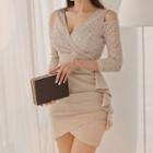 Long-sleeve Cold-shoulder Lace Panel Mini Sheath Dress