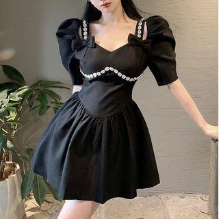 Short-sleeve Rhinestone Bow Mini Corset Dress