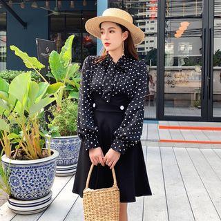 Lantern-sleeve Dotted Panel Mini A-line Dress