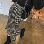 Band-waist Shirred Long Gingham Skirt Black - One Size