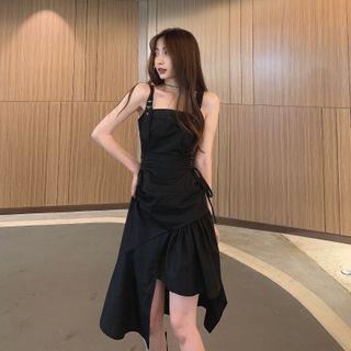 Asymmetrical Wide Strap Buckled Drawstring A-line Dress
