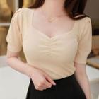 Sweetheart-neck Shirred Light Knit Top