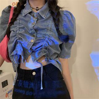 Drawstring Short-sleeve Denim Shirt