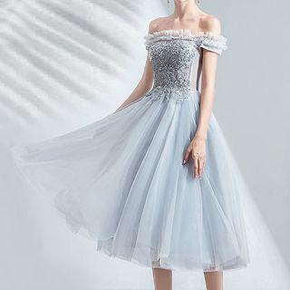 Flower Embroidered Sequined Off-shoulder Midi Cocktail Dress