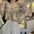 Short-sleeve Floral Blouse Yellow & Green - One Size