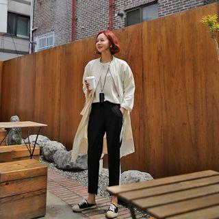 Mandarin-collar Drawstring-waist Long Jacket