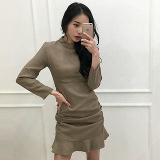 Mock-neck Long-sleeve Shirred Sheath Dress