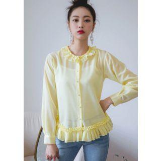 Faux-pearl Button Frilled Sheer Blouse