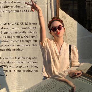 Lace Lapel Puff-sleeve Blouse