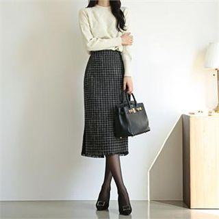 Tall Size Fringe-hem Plaid Midi Skirt