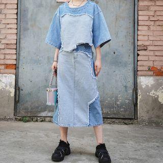 Elbow-sleeve Denim Panel Frayed   Cropped Top / Denim Skirt