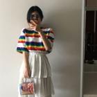 Elbow-sleeve Rainbow Block T-shirt Stripe - Multicolor - One Size