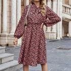 Tie-neck Floral Midi A-line Dress
