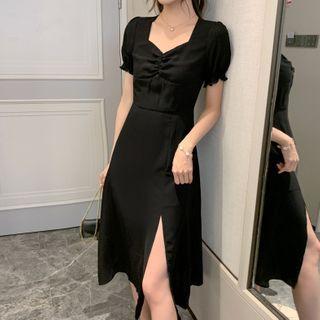 Puff-sleeve Chiffon V-neck A-line Midi Dress