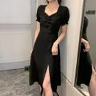 Puff-sleeve Chiffon V-neck A-line Midi Dress