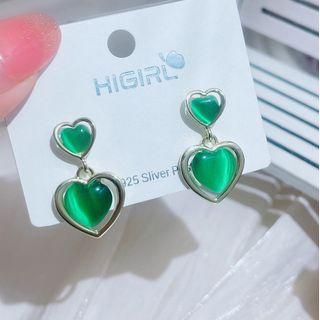 Heart Faux Cat Eye Stone Alloy Dangle Earring 1 Pair - Green & Gold - One Size