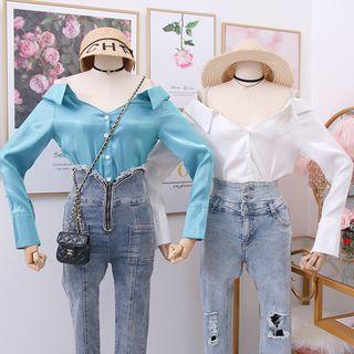 Off-shoulder Plain V-neck Shirt