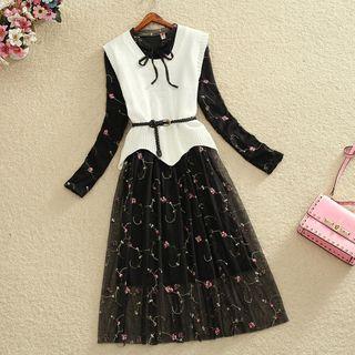 Print Long-sleeve Dress / Set: Knit Vest + Long-sleeve Dress