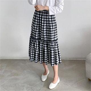 Band-waist Tiered Gingham Skirt