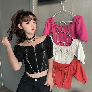 Short-sleeve Chained Zip-up Knit Top