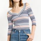 Striped 3/4 Sleeve Cut Out Shoulder Knit Top