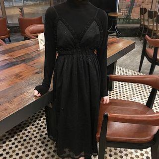 V-neck Lace Trim Midi Spaghetti Strap Dress