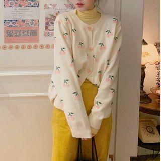 Cherry Print Cardigan / Midi A-line Skirt / Turtleneck Long-sleeve Top