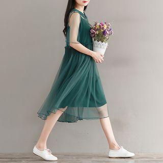 Set: Collared Elbow Sleeve Mesh Dress + Slipdress