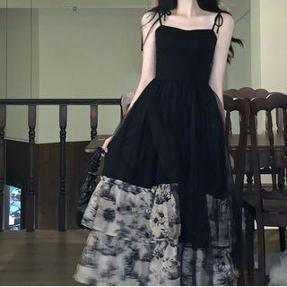 Spaghetti Strap Floral Panel Midi Dress