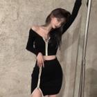 Off Shoulder Color-block Cardigan / Split Skinny Skirt