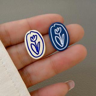 Flower Oval Resin Earring 1 Pair - White & Blue - One Size