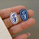Flower Oval Resin Earring 1 Pair - White & Blue - One Size