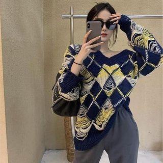 Distressed Argyle Sweater As Shown In Figure - One Size