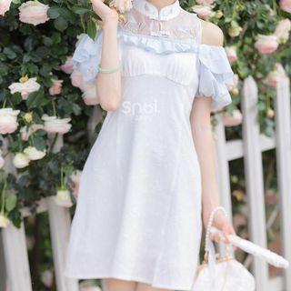 Short-sleeve Cold Shoulder Floral Embroidered Qipao