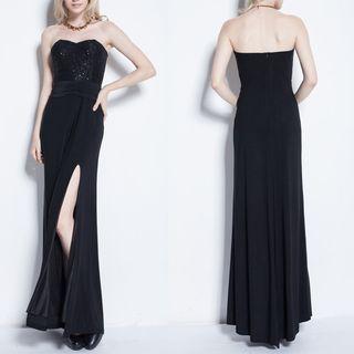 Sequined Strapless Slit Sheath Evening Gown